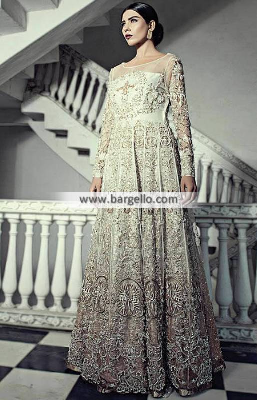 Shop Now White New Gown Dress Net Gowns With Golden Embroidery Work – Lady  India