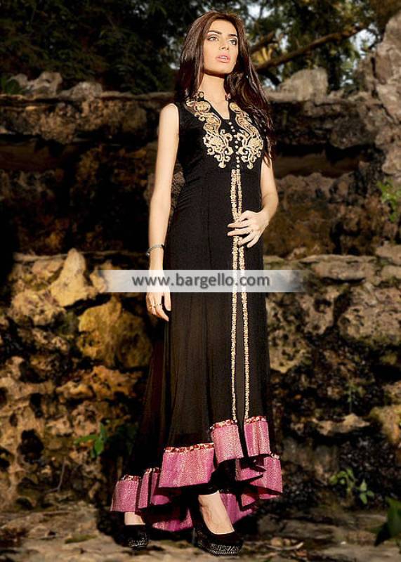 Gown : Black bluming georgette chain stich embroidered anarkali ...