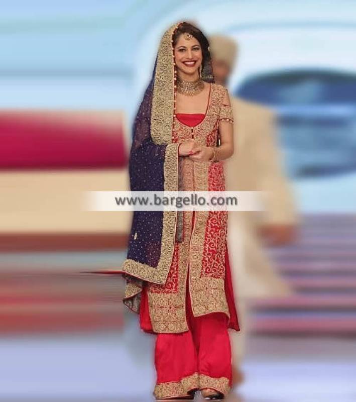 Pakistani Traditional Red Bridal Sharara Manhattan Kansas USA Bridal Sharara for Wedding