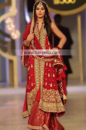 Red Bridal Shararas For Weddings by Pakistani Designer Mifrah Gul at Bridal Couture Week Leeds UK