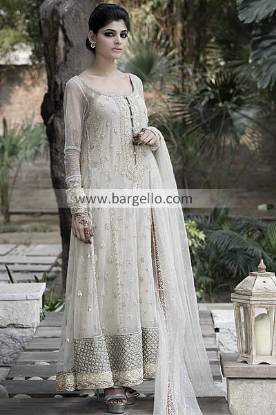 Off White Anarkali Outfits by Elan San Jose CA, Embroidered Anarkali Suit for Wedding Parties