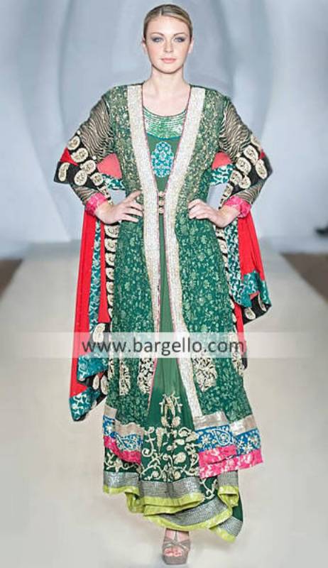 Designer Maria B Lavishing Green Outfit For Special Occasions at Pakistan Fashion Week London UK