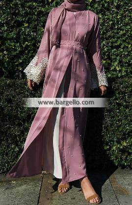 Bonita Pink Pearl and Lace Open Abaya Abu Dhabi UAE Embroidered Jilbab