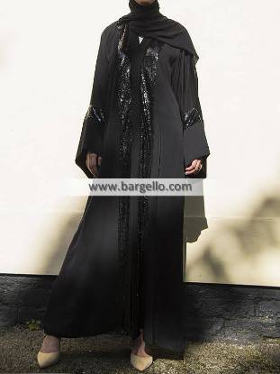 Black Metallic Sequin Open Abaya Riyadh Saudi Arabia Jilbab Designs
