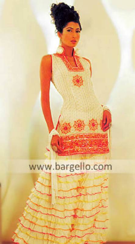 Ruched Frill Layer Sharara Pants Two Legged Skirt Pakistani Bridal Designs