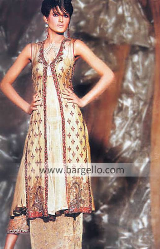 Golden Tea Length Dress with Traditional Paisley Embroidery from Pakistan