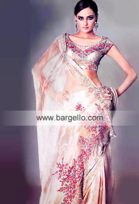 Pakistani Sari in Champagne and Beige Marble Dye Amazing Pakistani Saree