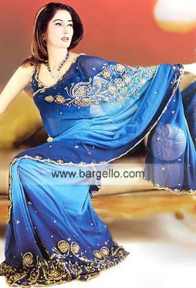 Sea Blue and Solid royal chiffon Saree from Pakistan having handmade embroidery