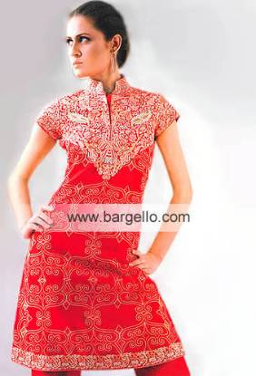 Red Chinese Neckline Shirt and Trouser Suit Asian Designer Dresses London, Manchester, Birmingham