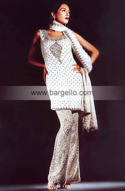 White Trouser Suit having Antique Silver Zardosi Embroidery Pakistani Designer Dress