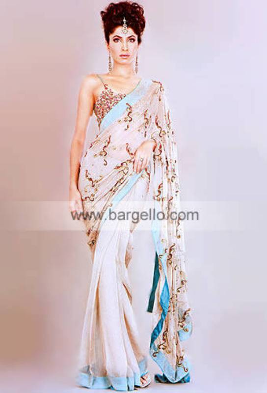 Diamond Pink Hand Made Sari Chiffon Charmeuse Silk Hand Embroidered Work on Pakistani Saris