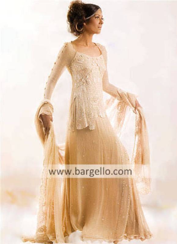 Ivory Crinkle Chiffon Scalloped Pakistani Designer Bridal Dress