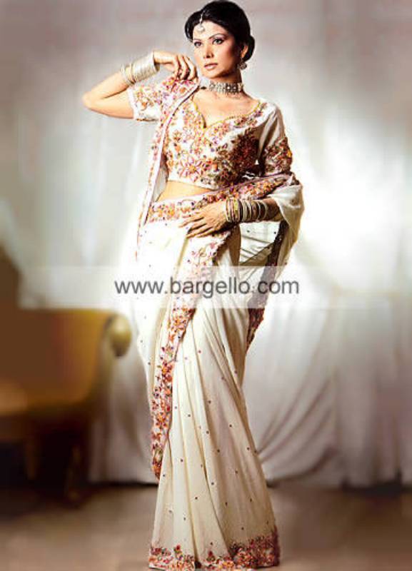Cream Chiffon Hand Embellished Bridal Sari and Choli