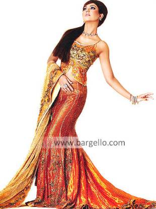 Orange Heavily Embellished Bridal Lehenga Lenga Langa