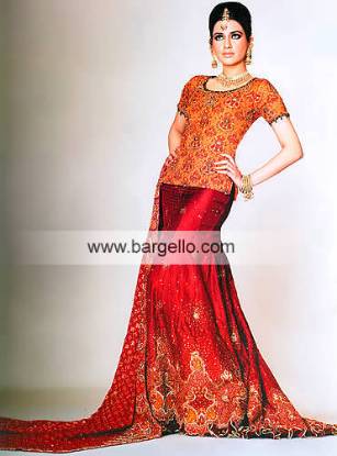 Orange Dior Flared Eastern Bridal Lehenga with Train