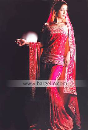 Deep Hot Pink Gharara, Blouse and Veil Bridal Dress