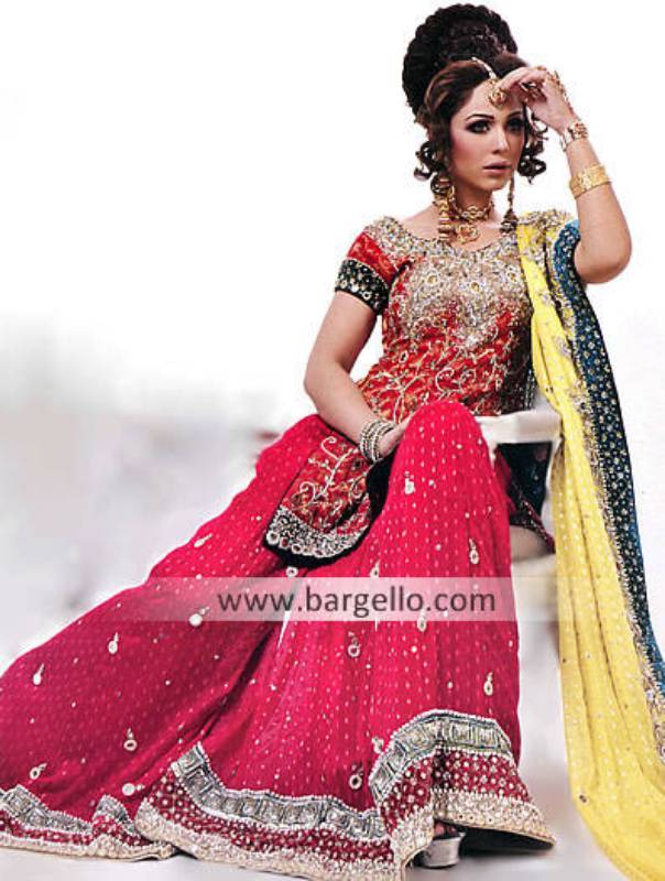 Red Pink Crinkle Chiffon Sharara, Red Pink Chiffon Bridal Outfit Dress, Red Pink Chiffon Bridals