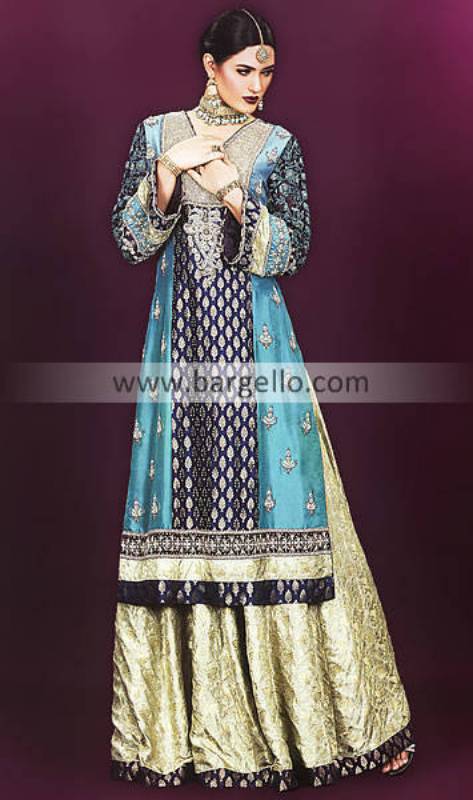 Party Dress India, Long Gown, Long Qameez and Flared Trouser, Banarsi Jamawar Suits India Pakistani