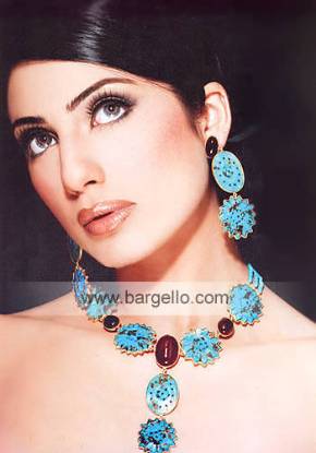Kundan Jewelry Set with Turquoise Enamel and Red Ruby Stones