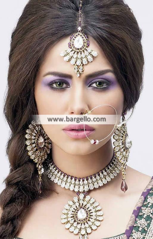 Gold Plated Zircon Stone Jewellery Sets Studded Bridal Set with Maang Teeka and Nose Ring