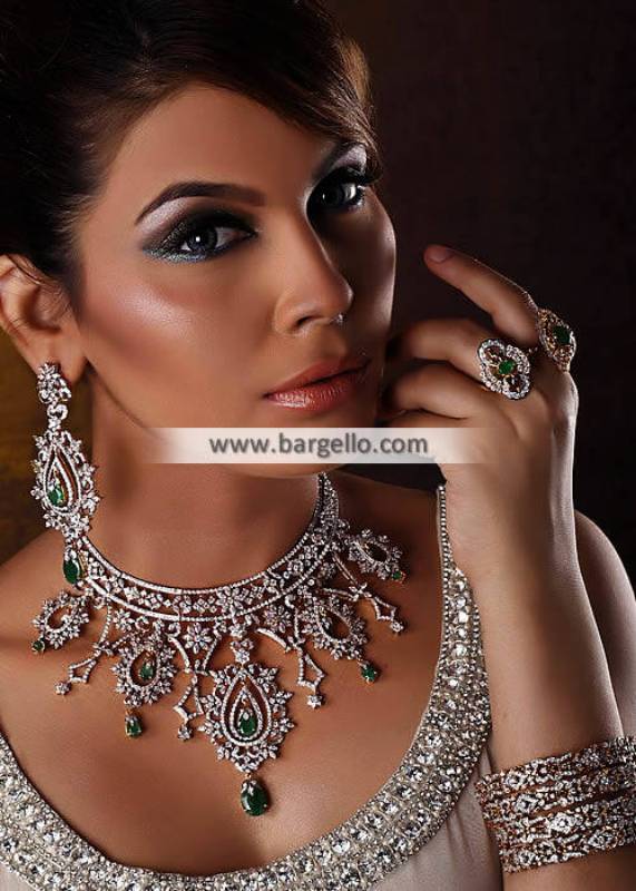 Leicester Artificial Diamond and Emerald Jewellery Set Pakistan Gold Plated