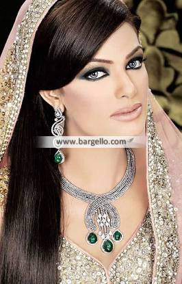 Stylish Pakistani Bridal Jewelry Sets Orlando Florida USA Silver and Emerald Color