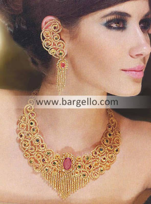 Indian Pakistani Silver Gold Plated Jewelry with Emerald Fuchsia Ruby Garnet Amethyst Studding