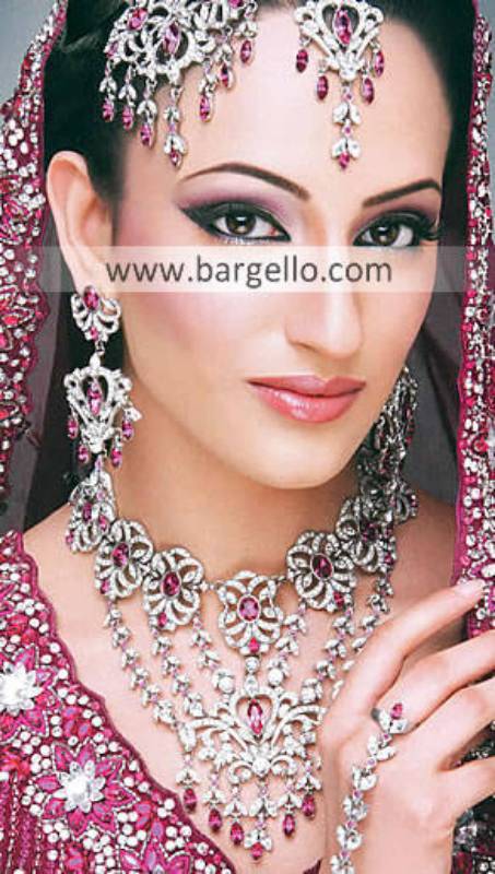 Indian Pakistani Silver Gold Plated Jewelry with Emerald Fuchsia Ruby Garnet Amethyst Studding