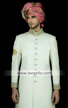 Off White Sherwani Kullah Khussa, Royal Off White Jamawar Sherwani with Artistic Thread Work