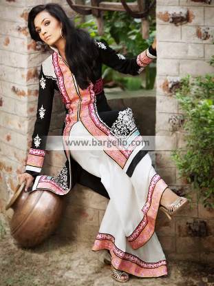Latest Pakistani Party Wear UK Long Shirt with Flared Trouser Threads & Motifs