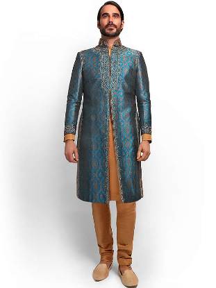 Teal Raw Silk Brocade Sherwani Diamond Bar California CA USA Pakistani Designer Sherwani	