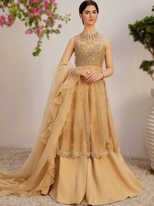 Champagne Gold Anarkali Sharara Suit Pakistani Designer Anarkali Sharara Suits