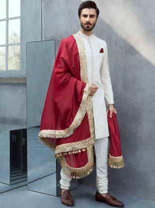 Off White Raw Silk Mens Sherwani Jersey City New Jersey NJ USA Stylish Embroidered Sherwani Suits