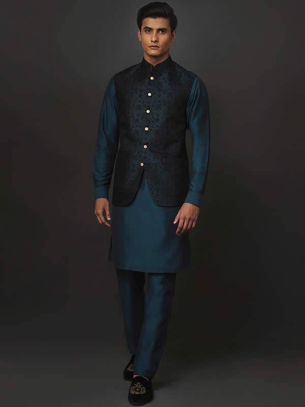 Blue kurta sales with black waistcoat