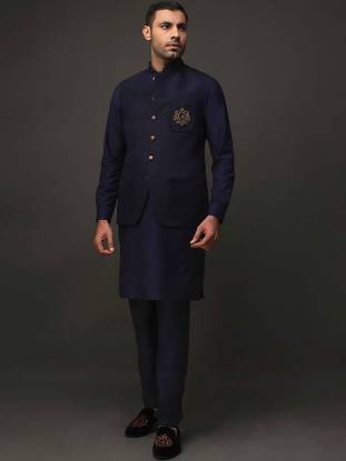 Navy Waistcoat With Front Monogram Signature Eyelet Details Sutton Coldfield London UK Waistcoat and Kurta Combinations	