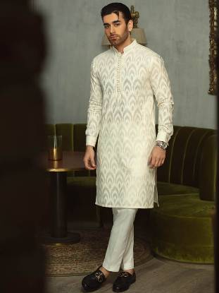 White Self Embellished Kurta With Pajama San Francisco California CA USA Pakistani Designer Kurta Shalwar