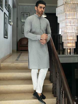 Ash Gray Embroidered Kurta With Pajama Diamond Bar California CA USA Indian Designer Kurta Shalwar	