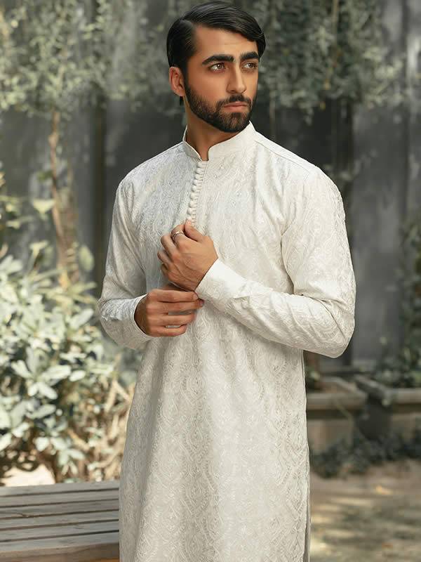 White Embroidered Kurta With Pajama San Diego California CA USA Bespoke Kurta Shalwar Suits for Mens