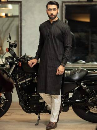 Black Self Jamawar Embellished Kurta With Pajama Farmington Hills Michigan MI USA Kurta Shalwar brands in Pakistan	