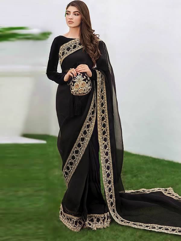 Designer Black Saree UK USA Canada Australia Pakistani Wedding Party Wear Saree