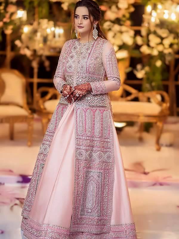 Bridal Pishwas for Wedding Light Pink Pishwas for Walima Reception with Lehenga