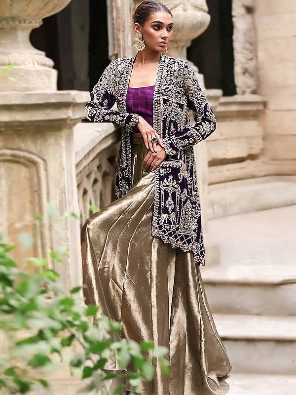 Pakistani Designer Dhaka Pajama with Embellished Jacket Sharara Suits