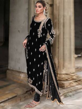 Black Formal Party Wear Embroidred Velvet Dresses Churidar Pajama Suit