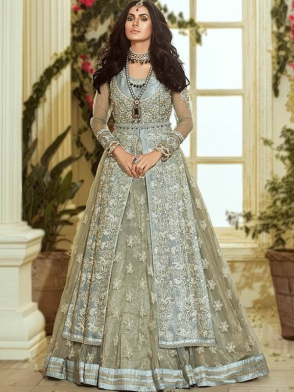 Pale Aqua Green Mallow Anarkali Maxi