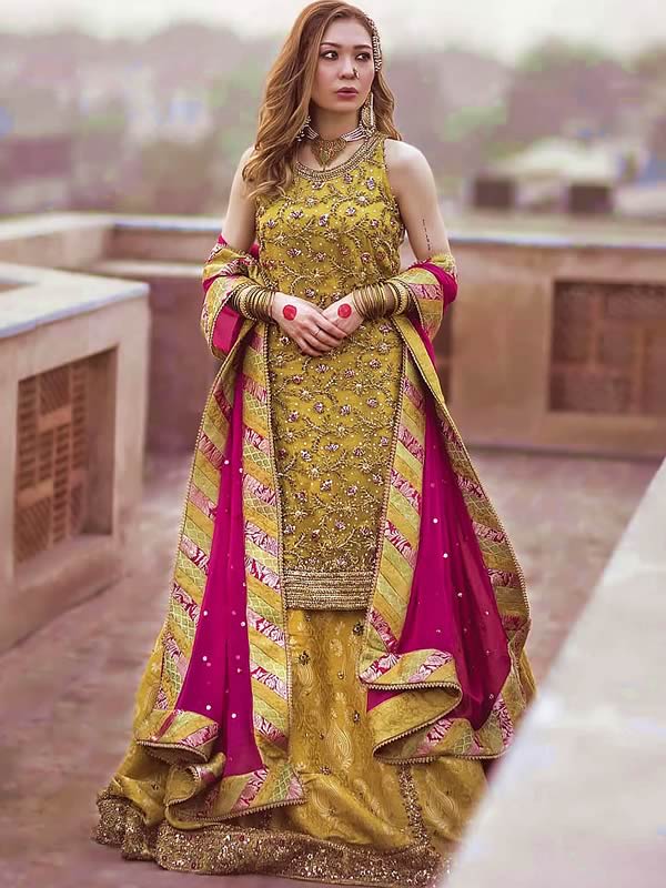 Yellow Bridal Dress in Traditional Pishwas Style for Mehndi – Nameera by  Farooq