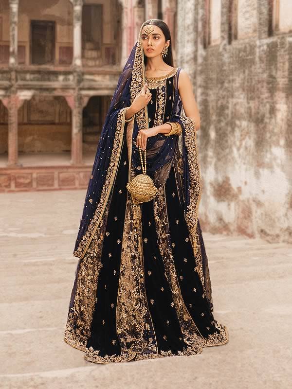 Pakistani Bridal Pishwas with Lehenga Navy Blue Bridal Pishwas Velvet Pishwas