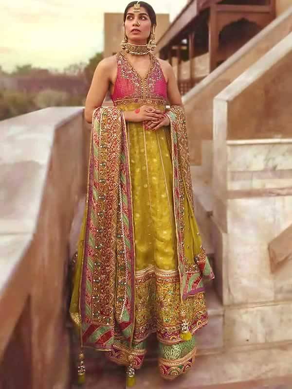 Latest Bridal Pishwas Dresses with Sharara Banarsi Jamawar Bridal Pishwas