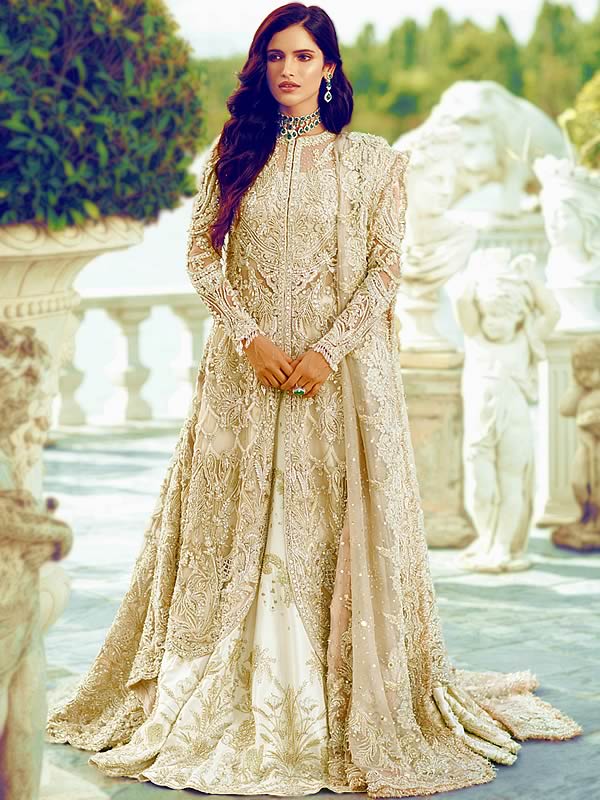 Elegant White Georgette Readymade Indian Sequin Gown – Gunj Fashion
