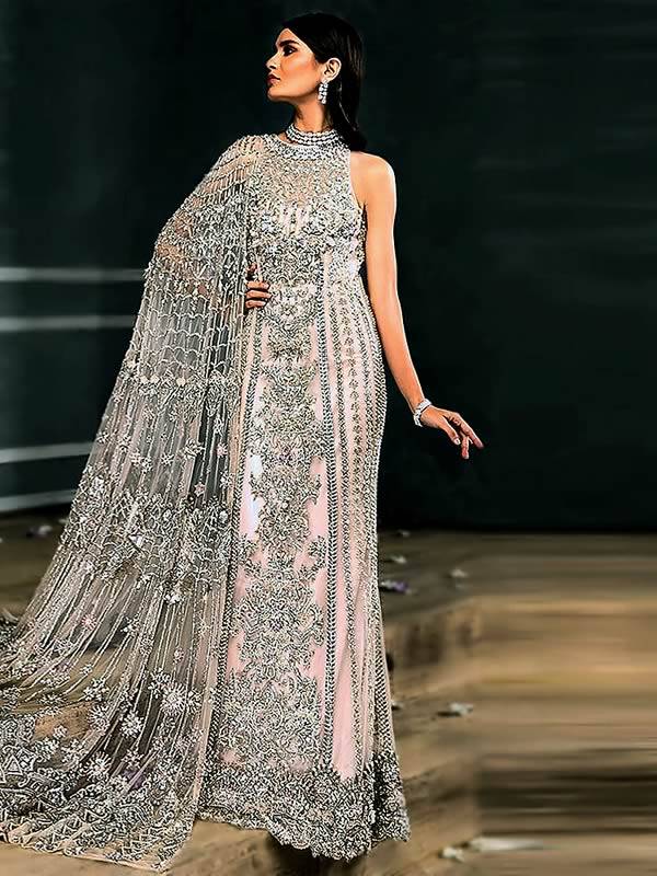 Embellished long gown with one long sleeve, plain straight trouser. Wedding Guest Gowns Pakistan Wedding Guest Gowns UK USA Canada Australia