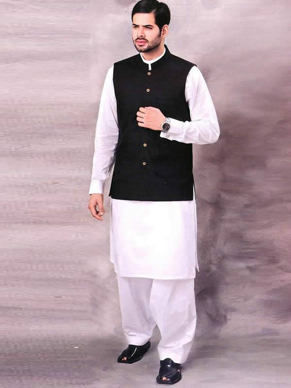 Black Waistcoat for Men With Indian Punjabi Kurta Shalwar with Waistcoat